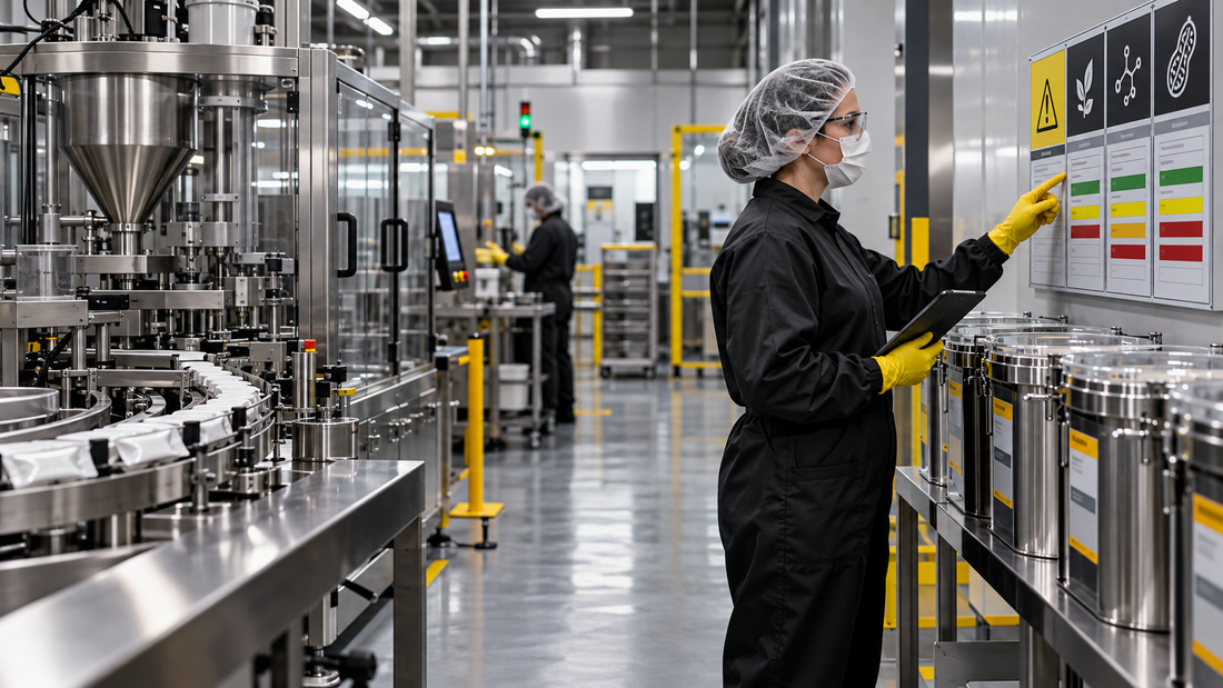 Caffeine pouch allergen control on a modern oral pouch production line