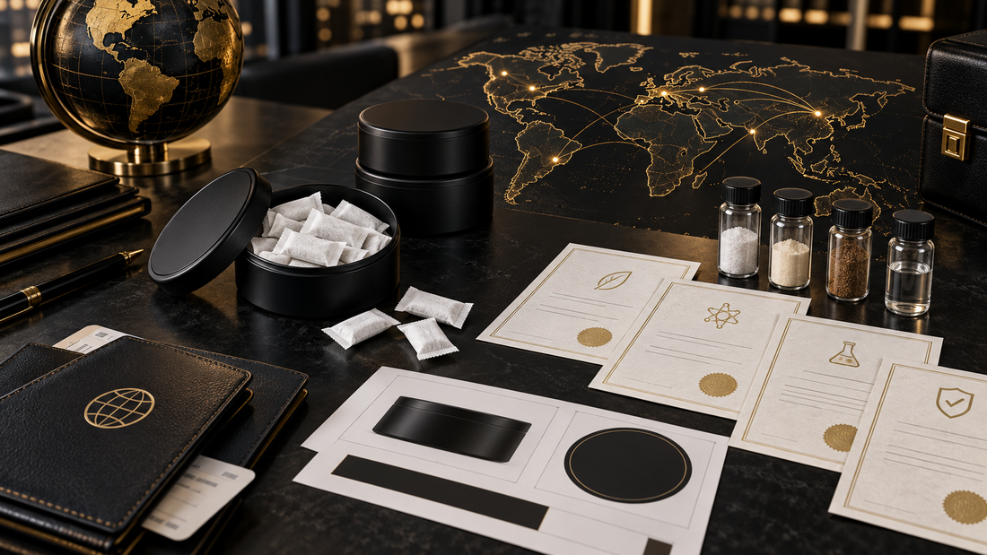 Caffeine pouch export readiness with global market map, product samples, and compliance documents