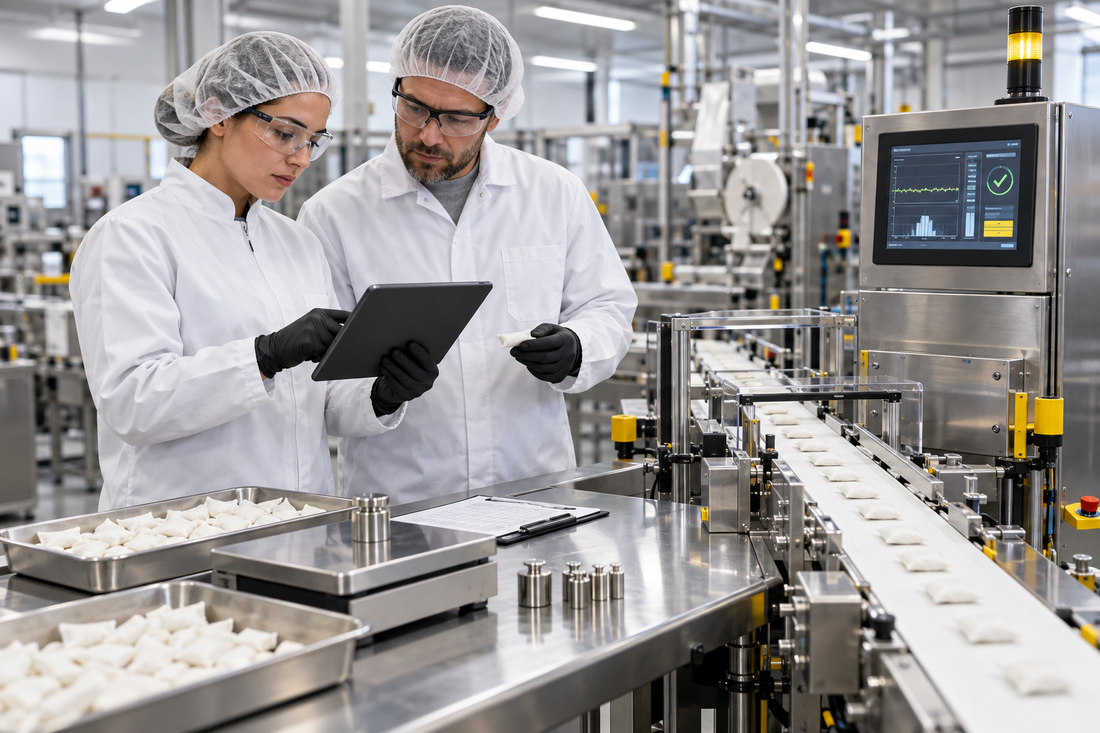Quality engineers reviewing caffeine pouch fill-weight control on an automated production line