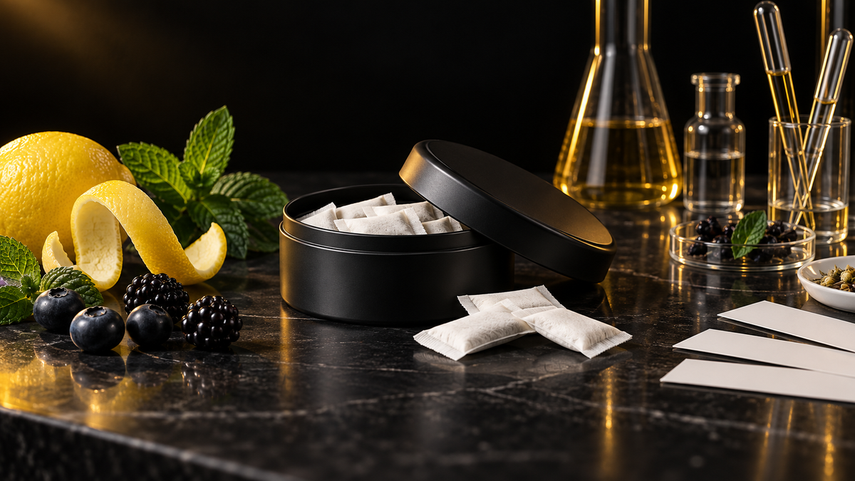Caffeine pouch flavor development with citrus, mint, berry, and controlled sensory samples