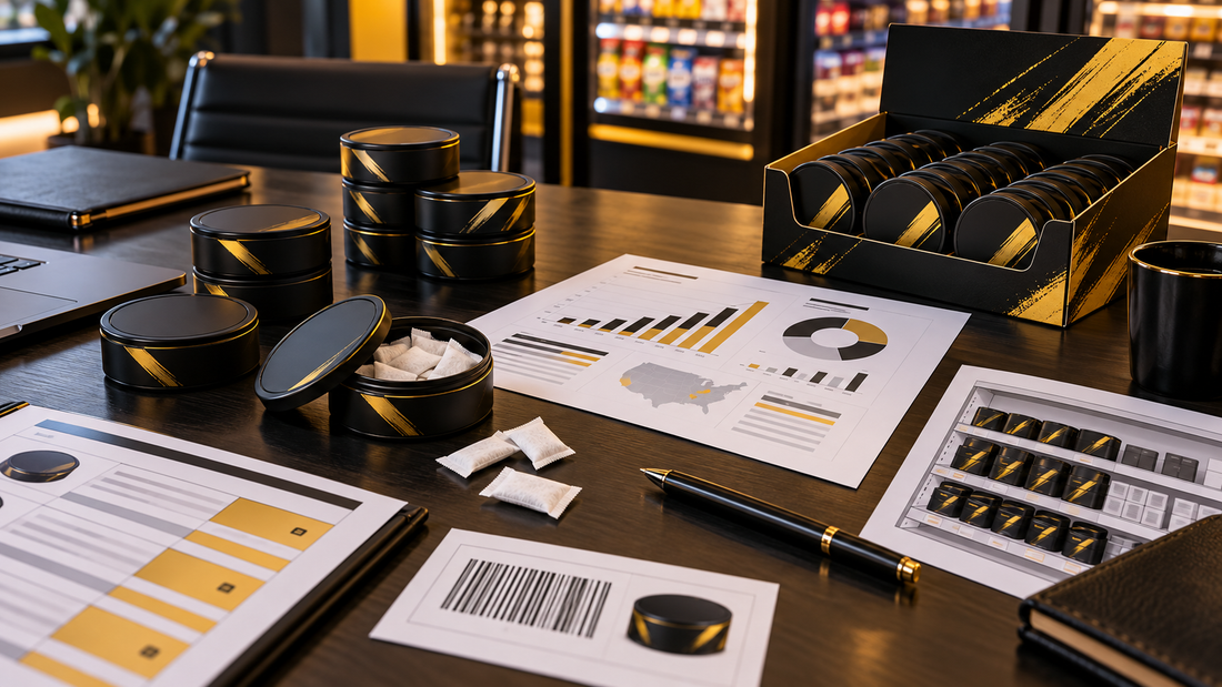 Caffeine pouch retail buyer pack with samples, sell sheet, case display, barcode proof, and shelf planogram