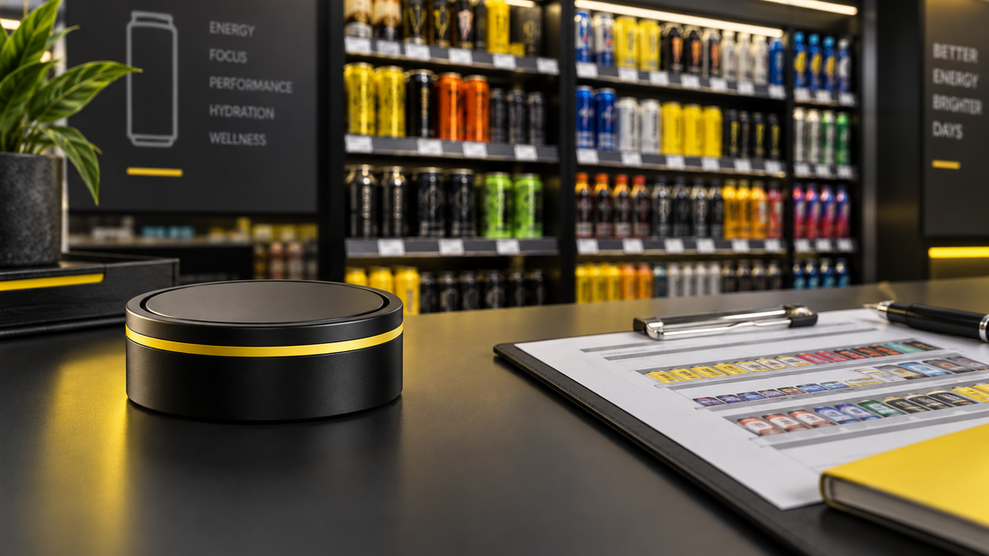 Unbranded caffeine pouch can being evaluated in a convenience retail category-planning environment