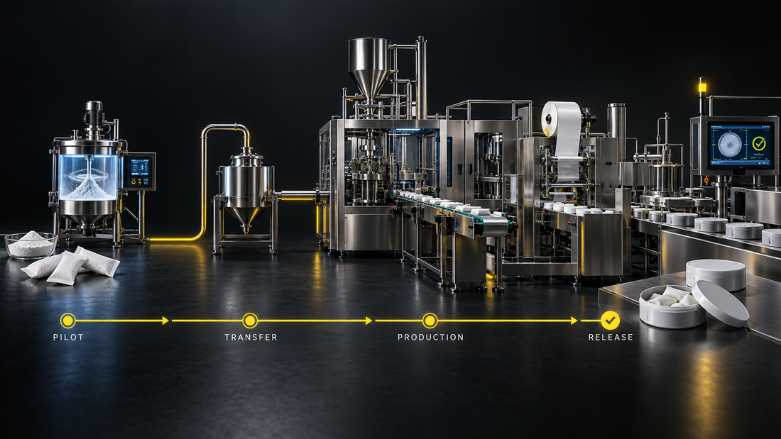 Caffeine pouch scale-up from pilot mixing to controlled commercial production and batch release