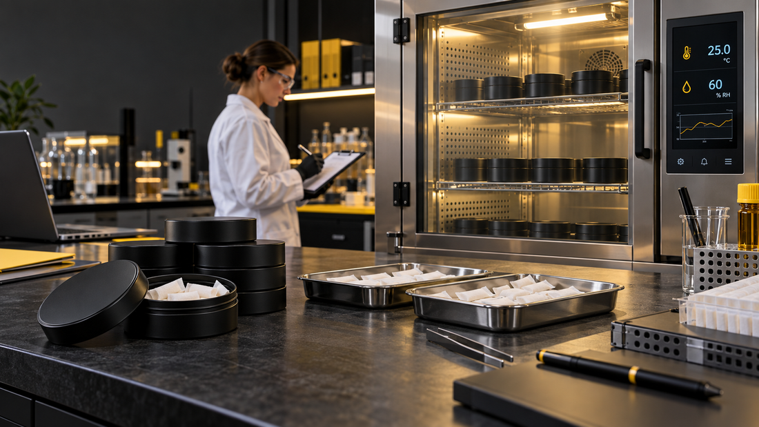 Caffeine pouch stability laboratory with final packaged cans, sample trays and controlled environmental chamber