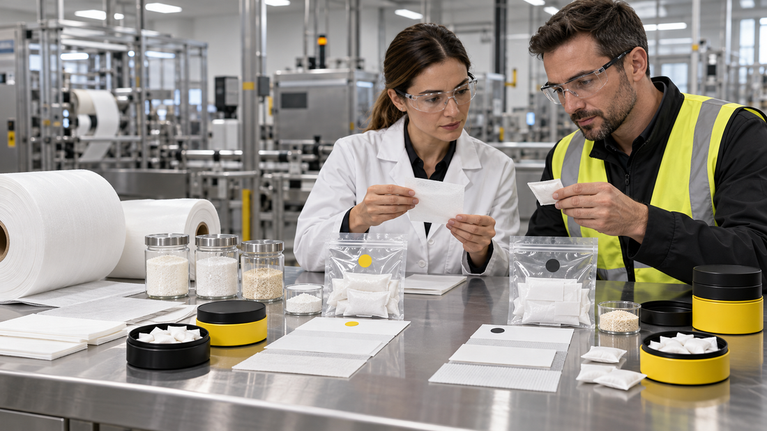 Caffeine pouch quality and supply chain team comparing two candidate material sources