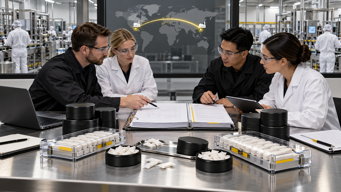 Caffeine pouch technology transfer meeting with matched samples, manufacturing teams and a controlled technical dossier