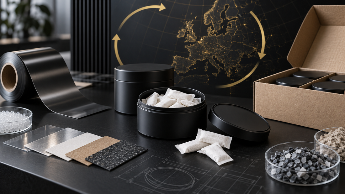 EU PPWR caffeine pouch packaging development with cans, material samples, recycling flow, and transport cartons
