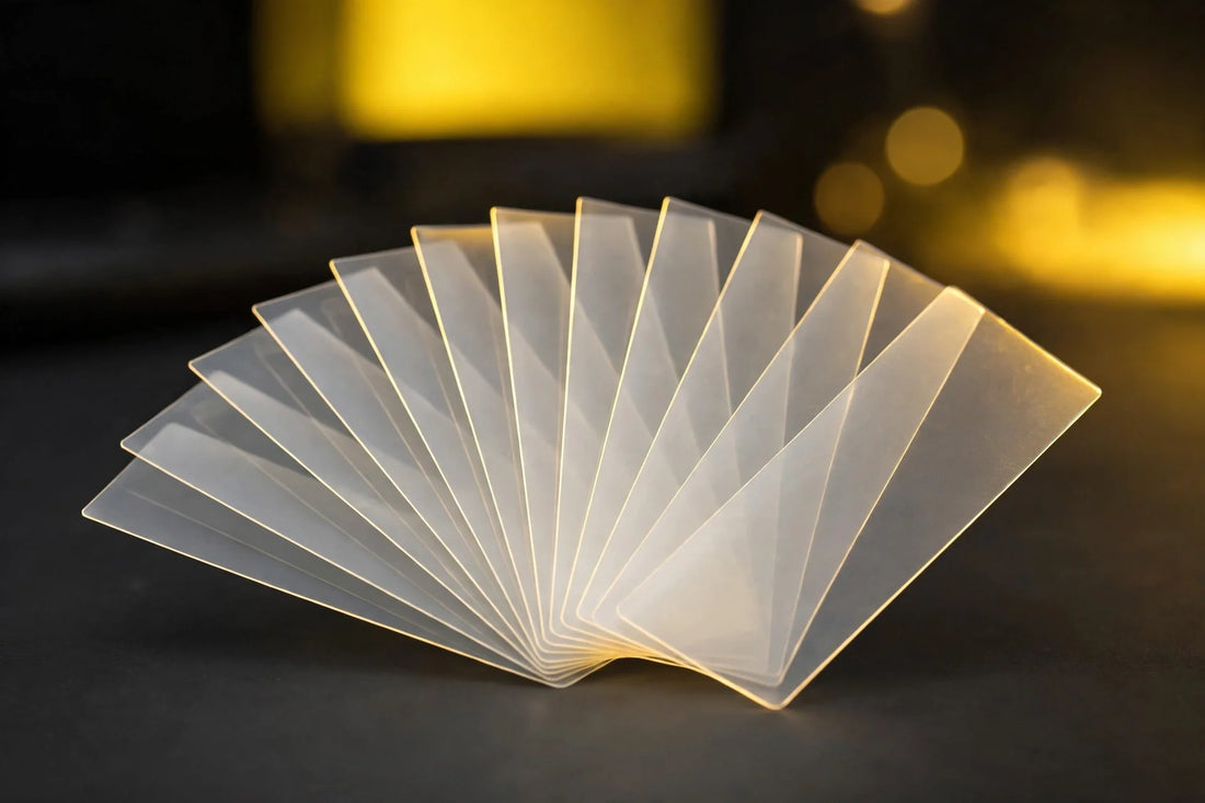 Translucent oral dissolving film strips on a dark surface